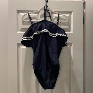 Jcrew navy pique one piece with ric rac trim, size 12